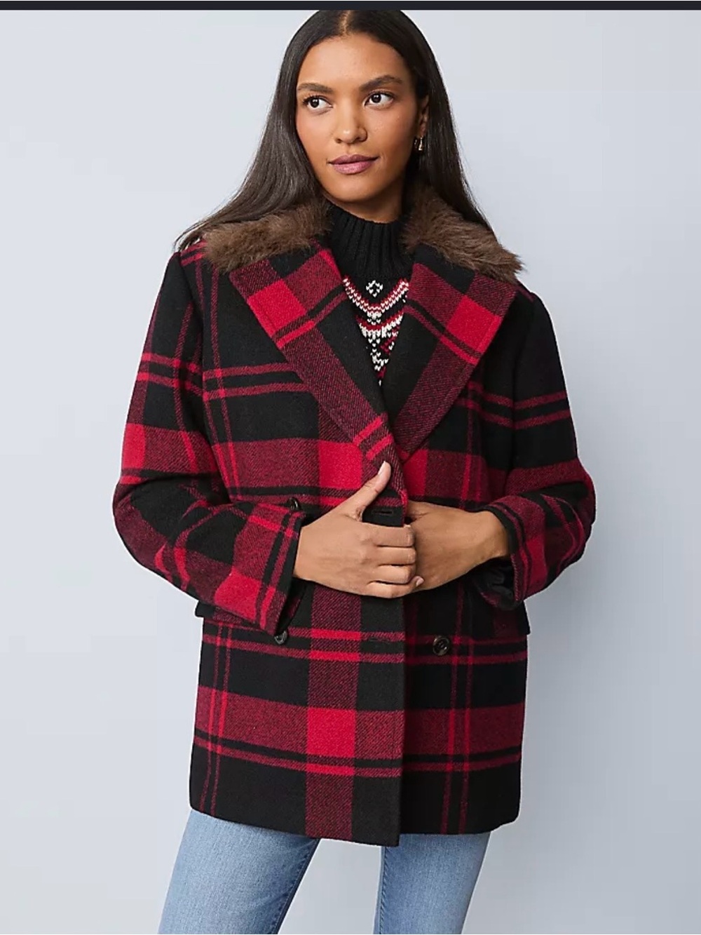 NWT Ann Taylor Red and Black Plaid Peacoat with Faux-Fur Collar XL